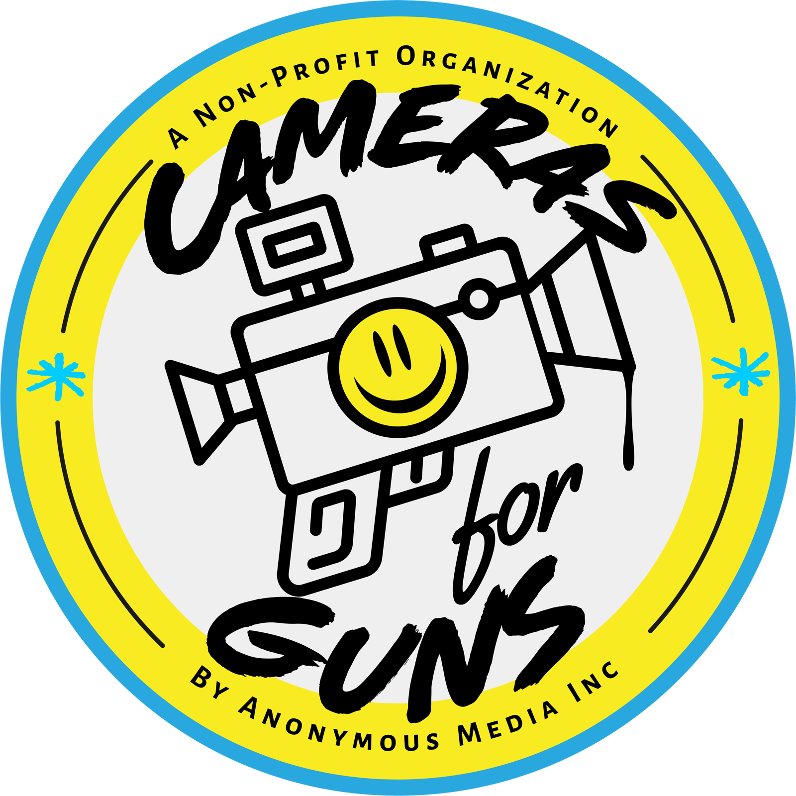 Cameras for Guns badge: a smiling camera